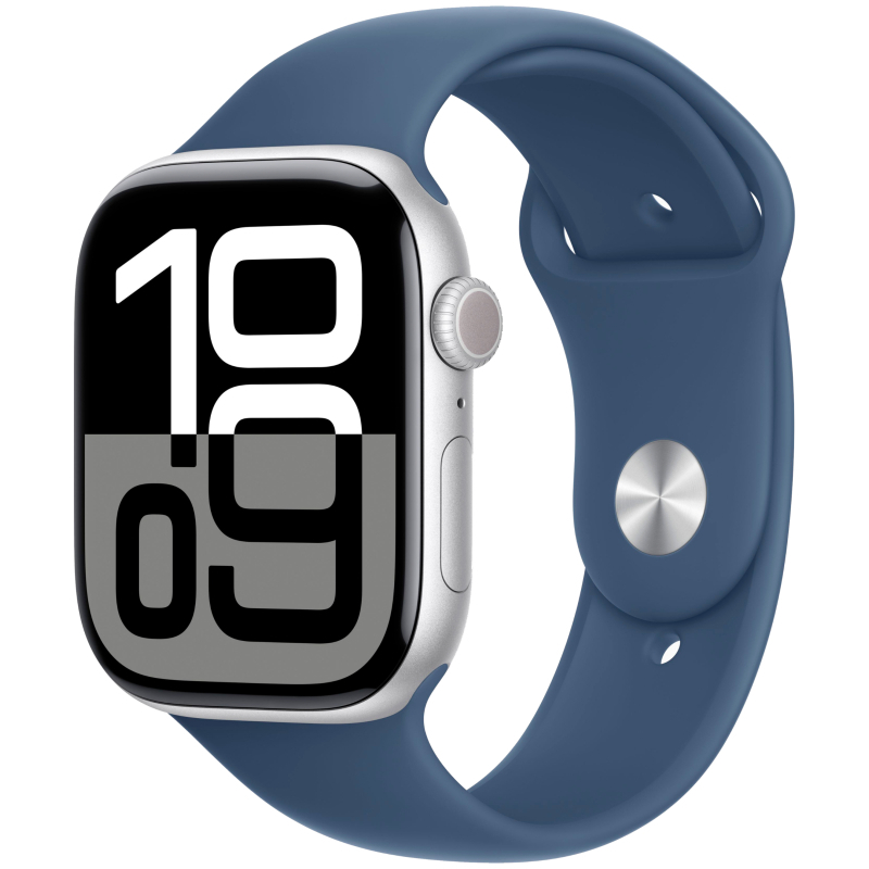 Apple Watch Series 10, 46 мм, корпус из алюминия цвета серебристый, спортивный ремешок Denim Sport B
